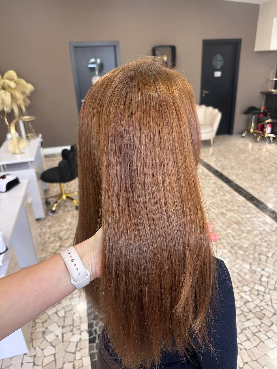 Copper auburn hair color result in Madeira — Elizabeth Hair Madeira
