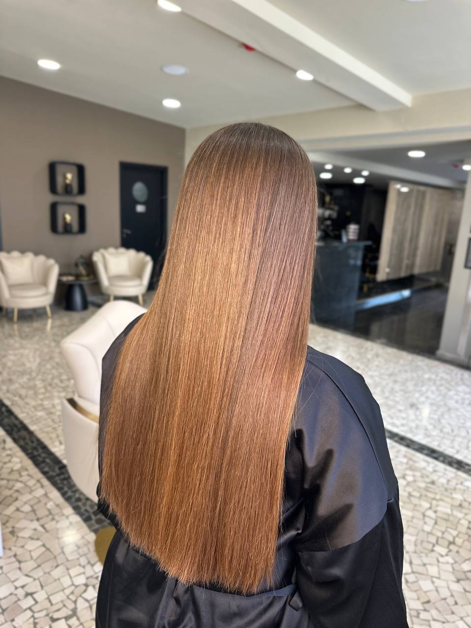 Golden brunette hair color on long hair in Madeira — Elizabeth Hair Madeira